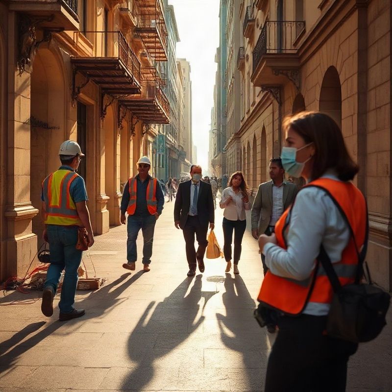 Trabajadores de la construcción y profesionales de oficina en Avenida 18 de Julio